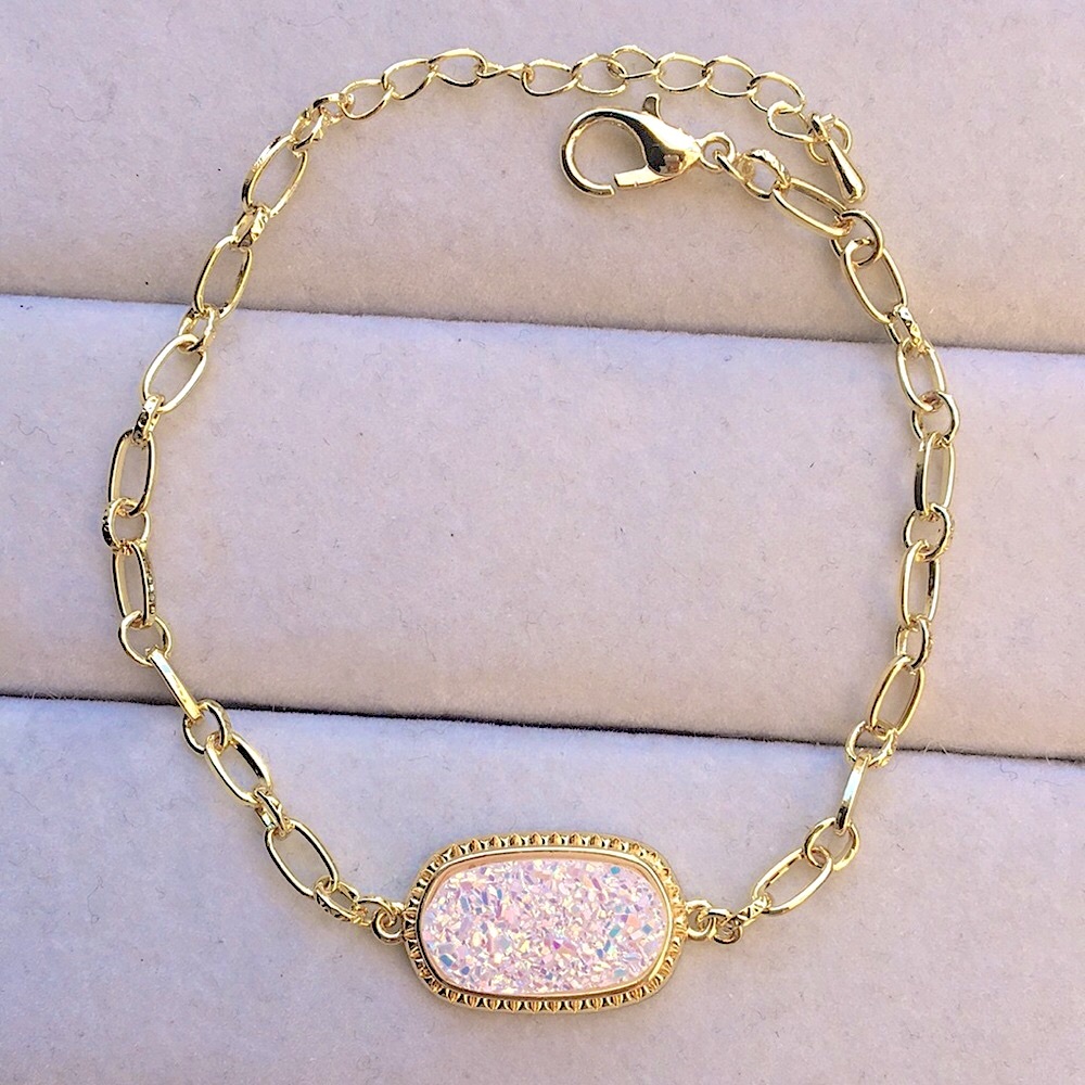 Iridescent white Druzy + Gold Bar Chain Bracelet